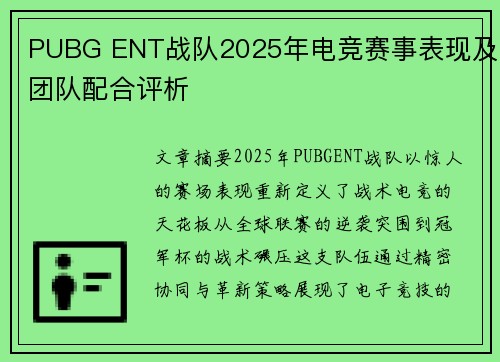 PUBG ENT战队2025年电竞赛事表现及团队配合评析